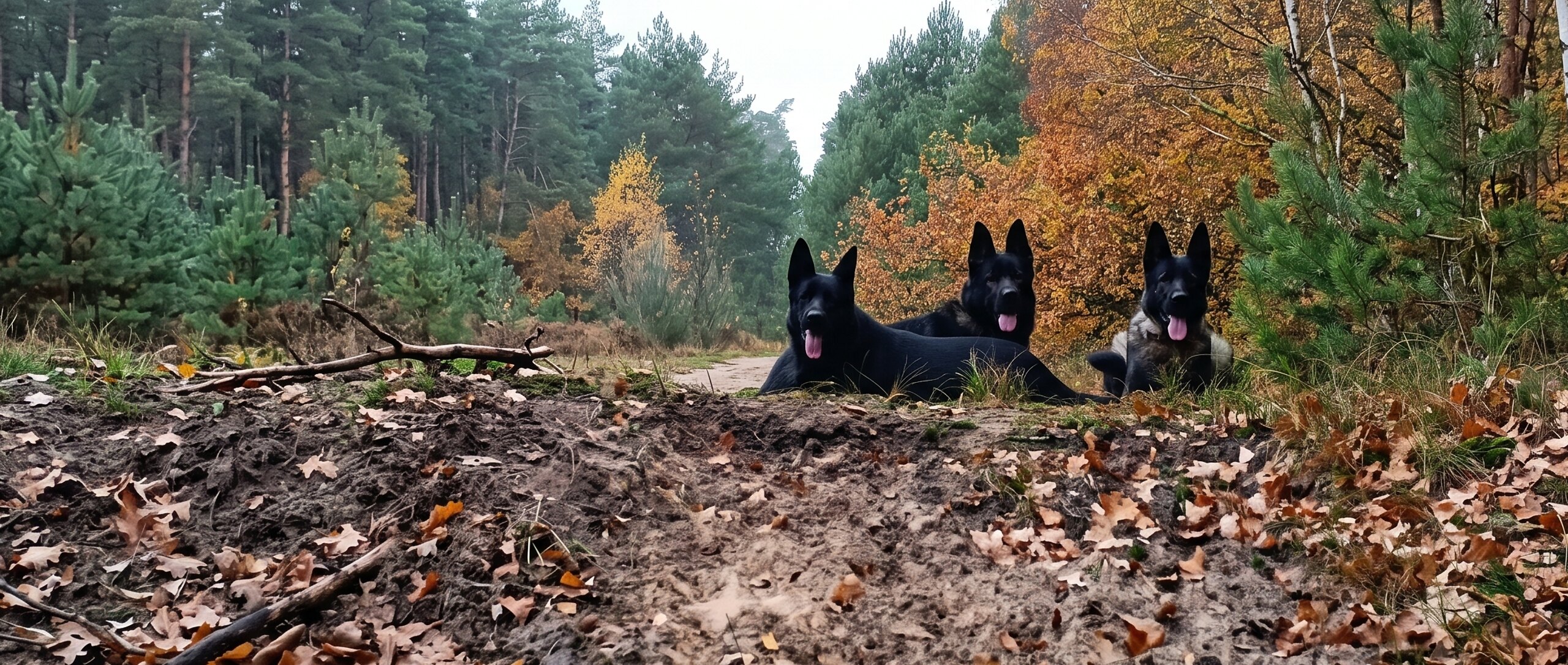 Drei DDR-Schäferhunde liegen gemeinsam auf einem herbstlichen Waldweg
