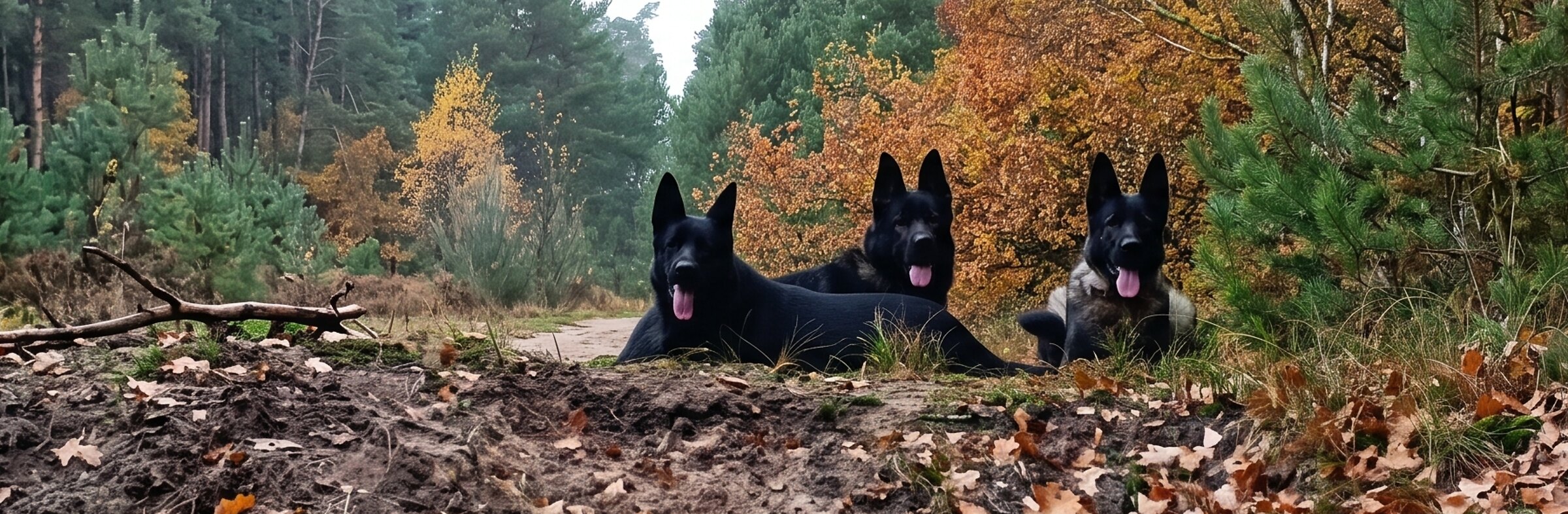 Drei DDR-Schäferhunde liegen im herbstlichen Wald