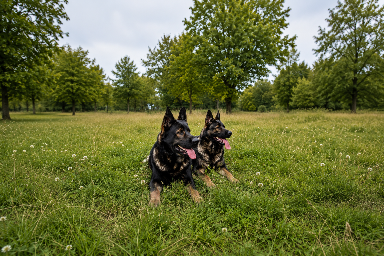 Zwei DDR-Schäferhunde liegen auf einer Wiese